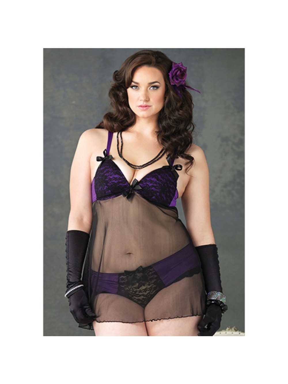 PLUS SIZE SHEER BABYDOLL WITH LACE AND PURPLE FABRIC DETAILS 0714718470504