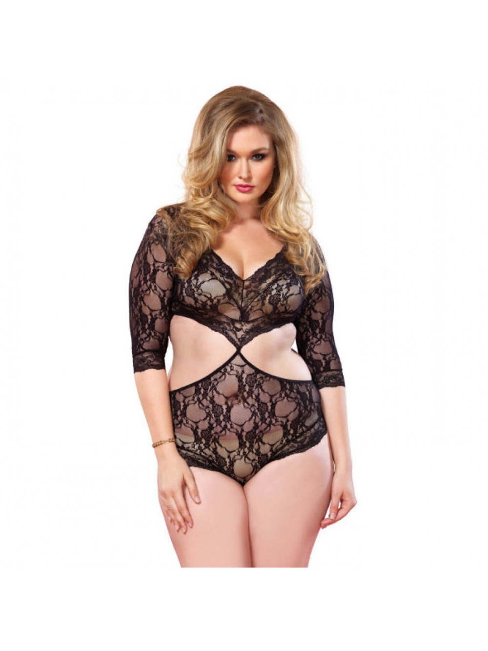 LEG AVENUE CUT OUT FLORAL LACE TEDDY PLUS SIZE
