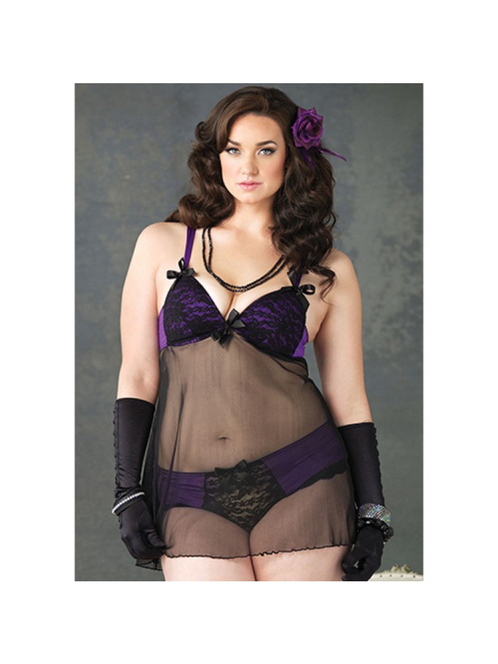 PLUS SIZE SHEER BABYDOLL WITH LACE AND PURPLE FABRIC DETAILS