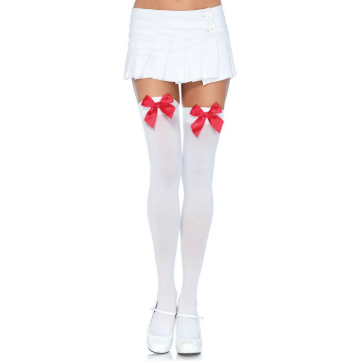 LEG AVENUE NYLON THIGH HIGHS WITH BOW WHITE / RED