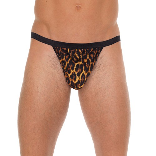 Uomo Nero G-stringa con Leopard Print Pouch