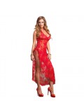 Leg Avenue 2 Piece Rose Lace Long Dress With Lace Side Red 0714718364261