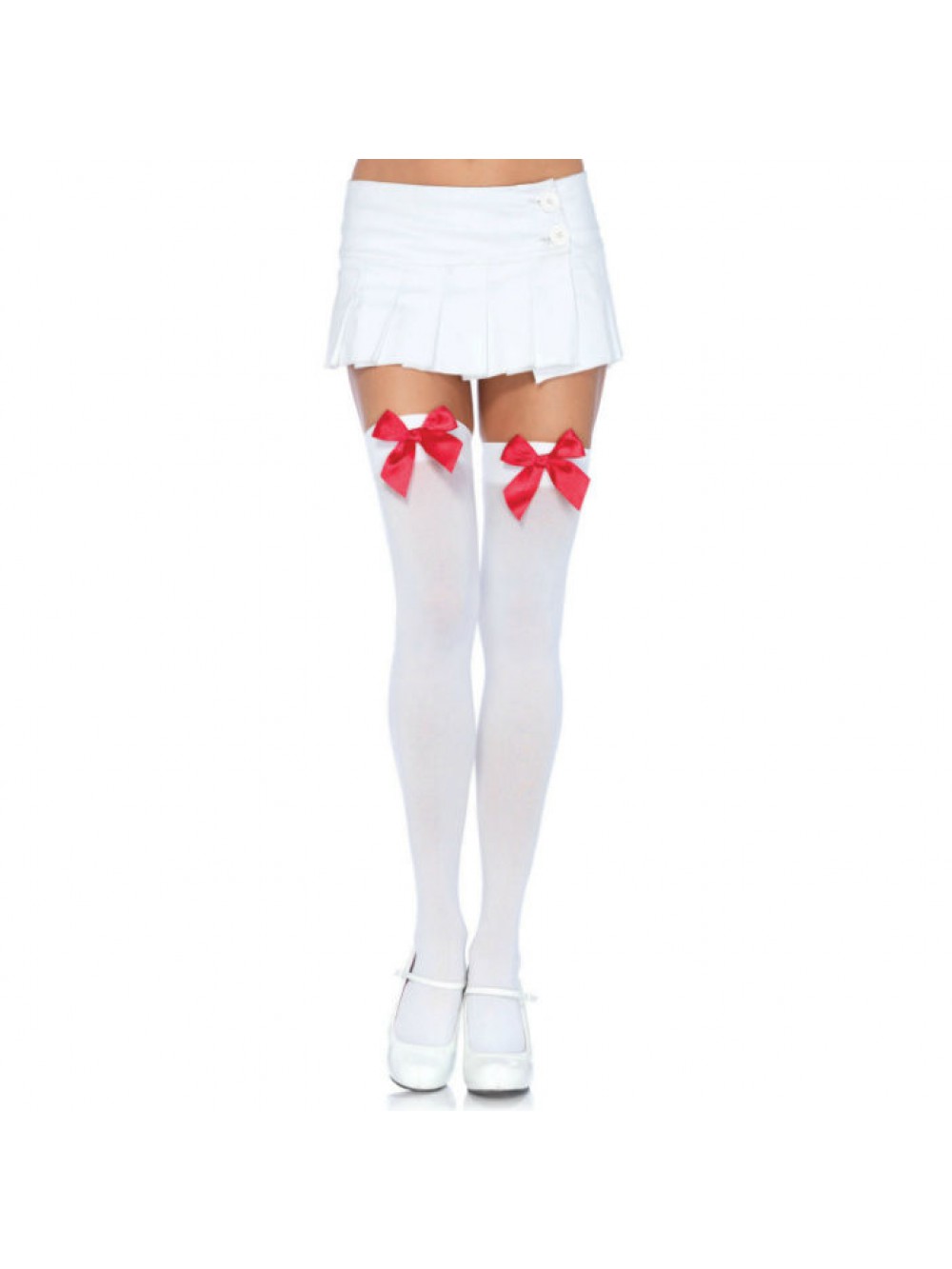 LEG AVENUE NYLON THIGH HIGHS WITH BOW WHITE / RED 714718074795