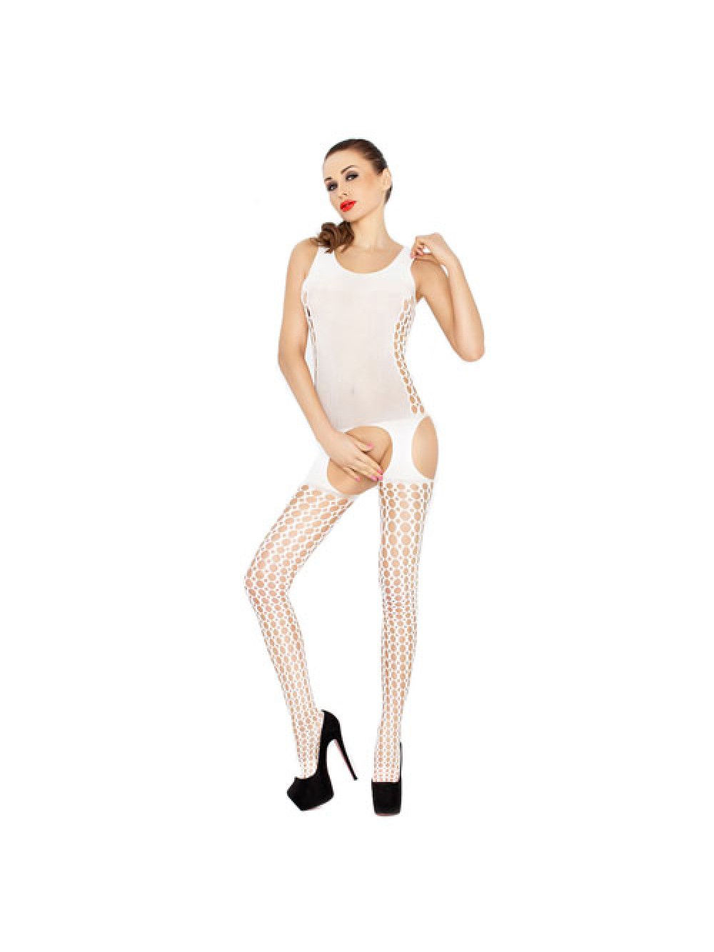 Passion Mesh Body with Circle Fishnet Legs Body Stocking White 5908305926177