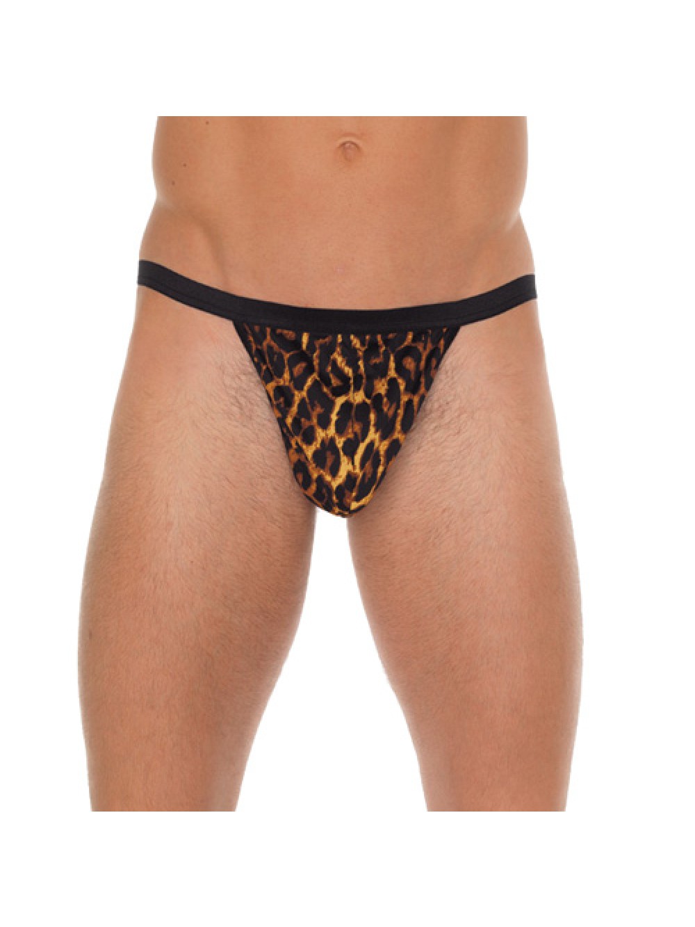 Mens Black G-String With Leopard Print Pouch