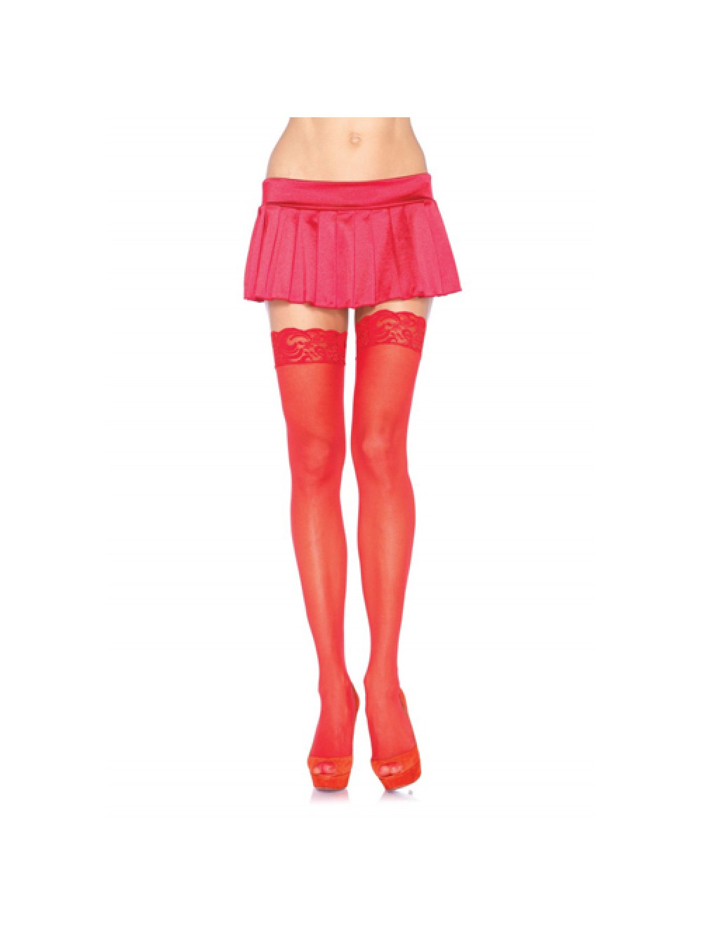 Nylon Thigh Highs With Lace Top - Red