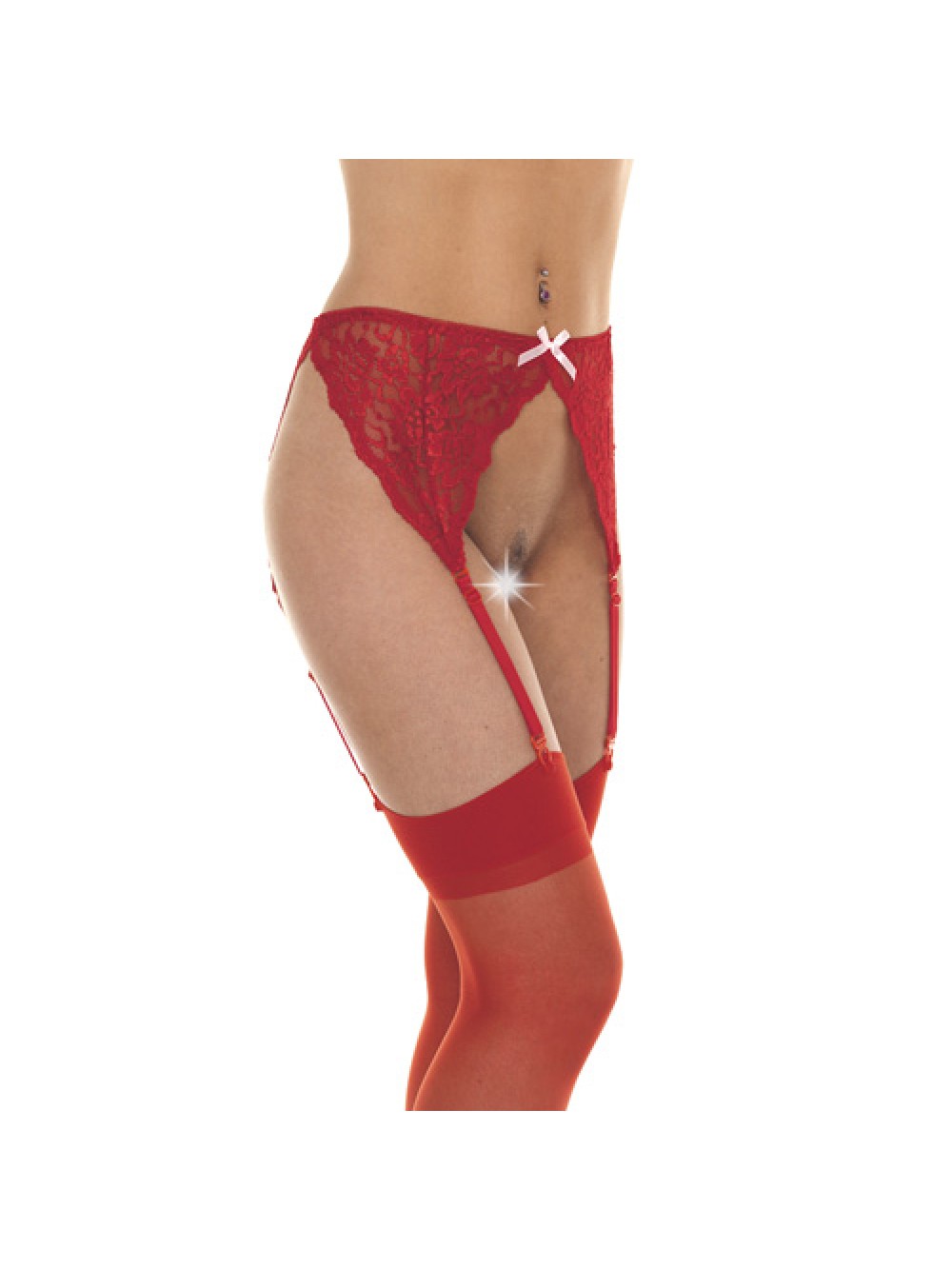 Red Floral Suspender Belt With Bow And Stockings