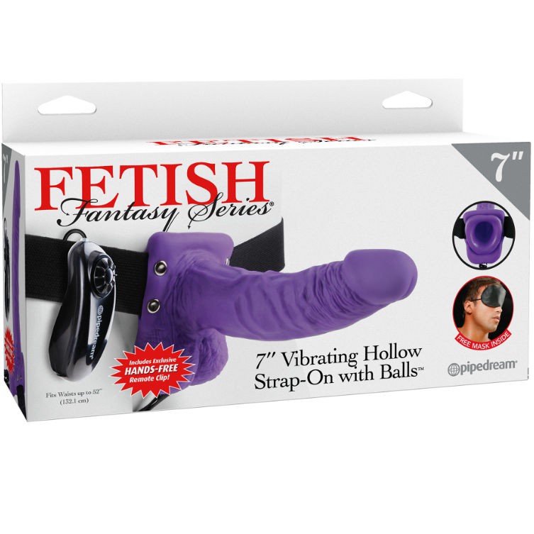 7" HOLLOW STRAP-ON VIBRATING WITH BALLS 17.8CM PURPLE