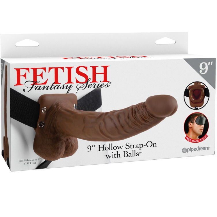 9" HOLLOW STRAP-ON WITH BALLS 22.9CM BROWN