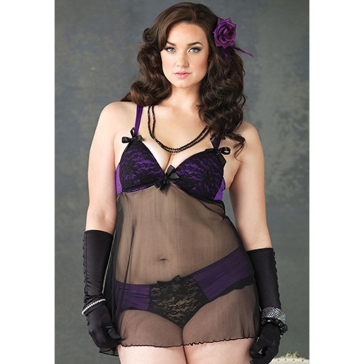 PLUS SIZE SHEER BABYDOLL WITH LACE AND PURPLE FABRIC DETAILS