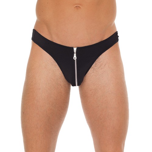 Mens Black G-String With Zipper On Pouch