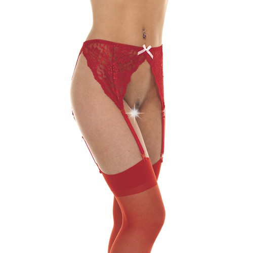Red Floral Suspender Belt With Bow And Stockings